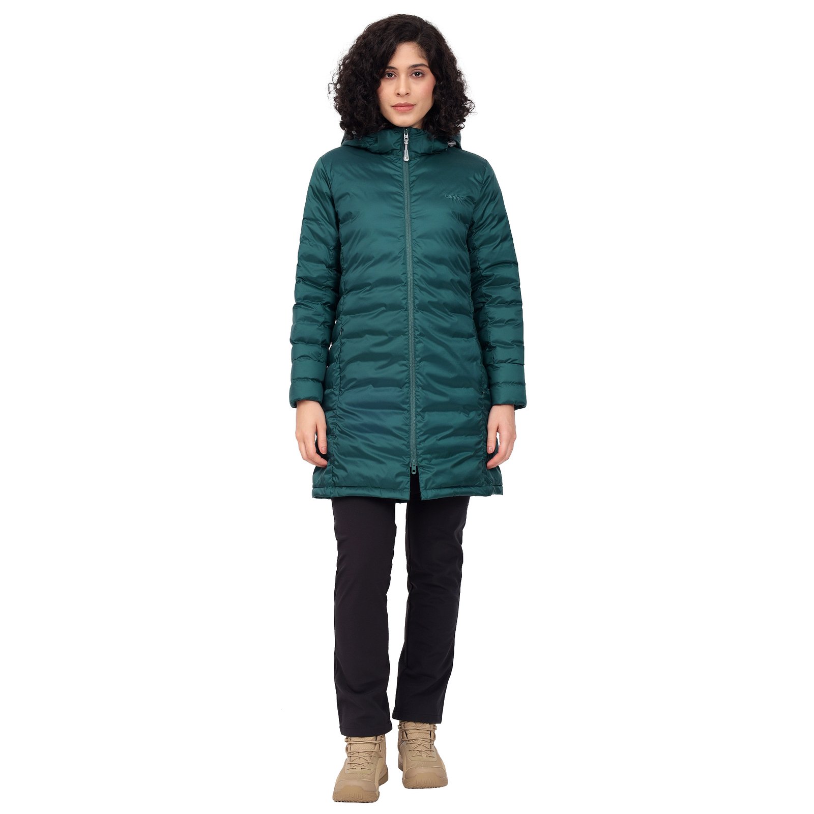 LAMMER Women's Long Poly Jacket with Detachable Hood – Lightweight, Warm, Windproof & Water-Resistant Winter Jacket for Hiking, Trekking, and Outdoor Adventures.