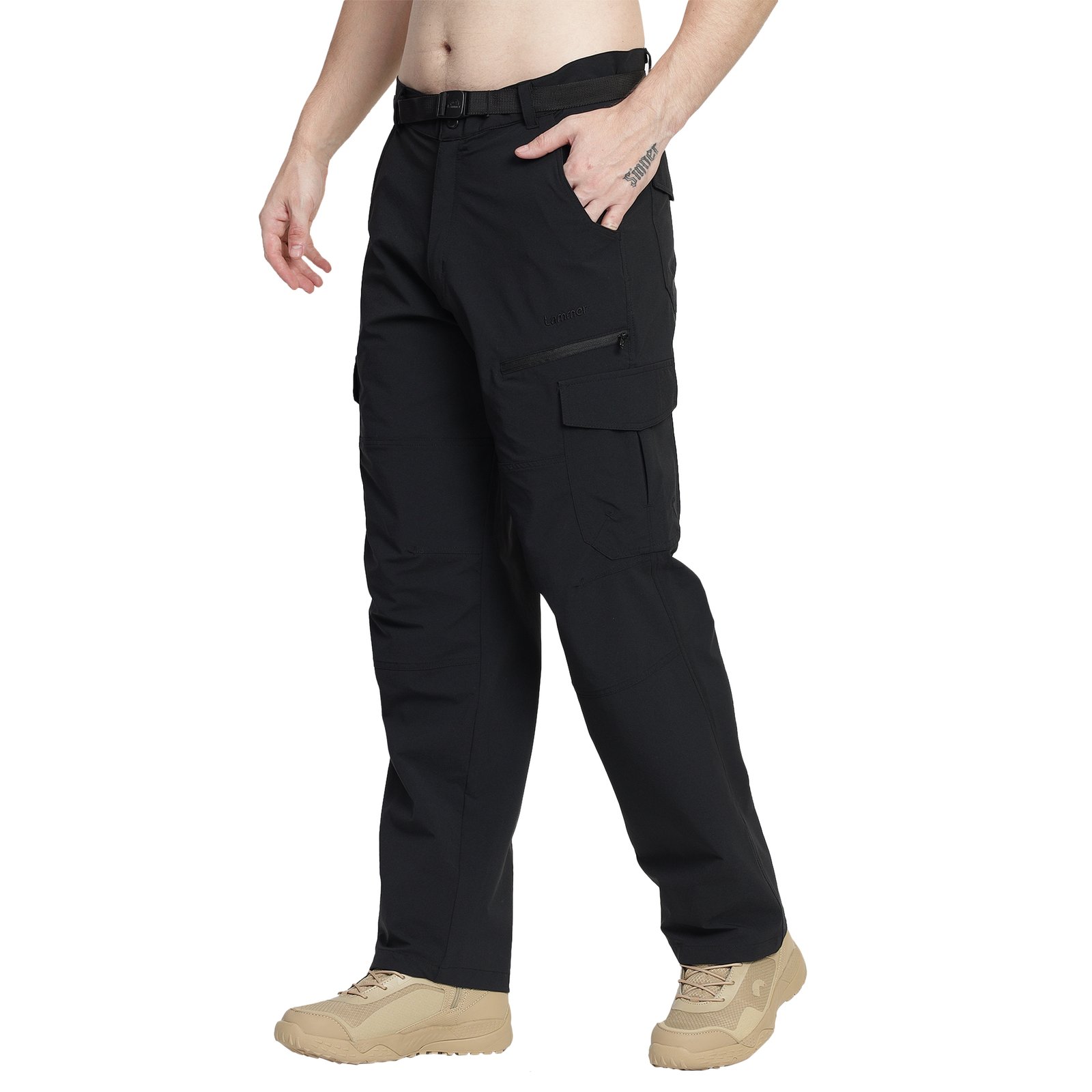 Lammer men's tactical stretch pants in nylon-blend fabric with included utility belt, featuring front pockets, back cargo pockets, a side cargo pocket above the knee, and a hidden zip pocket between side and front pocket. Ideal for trekking, travel, and outdoor use