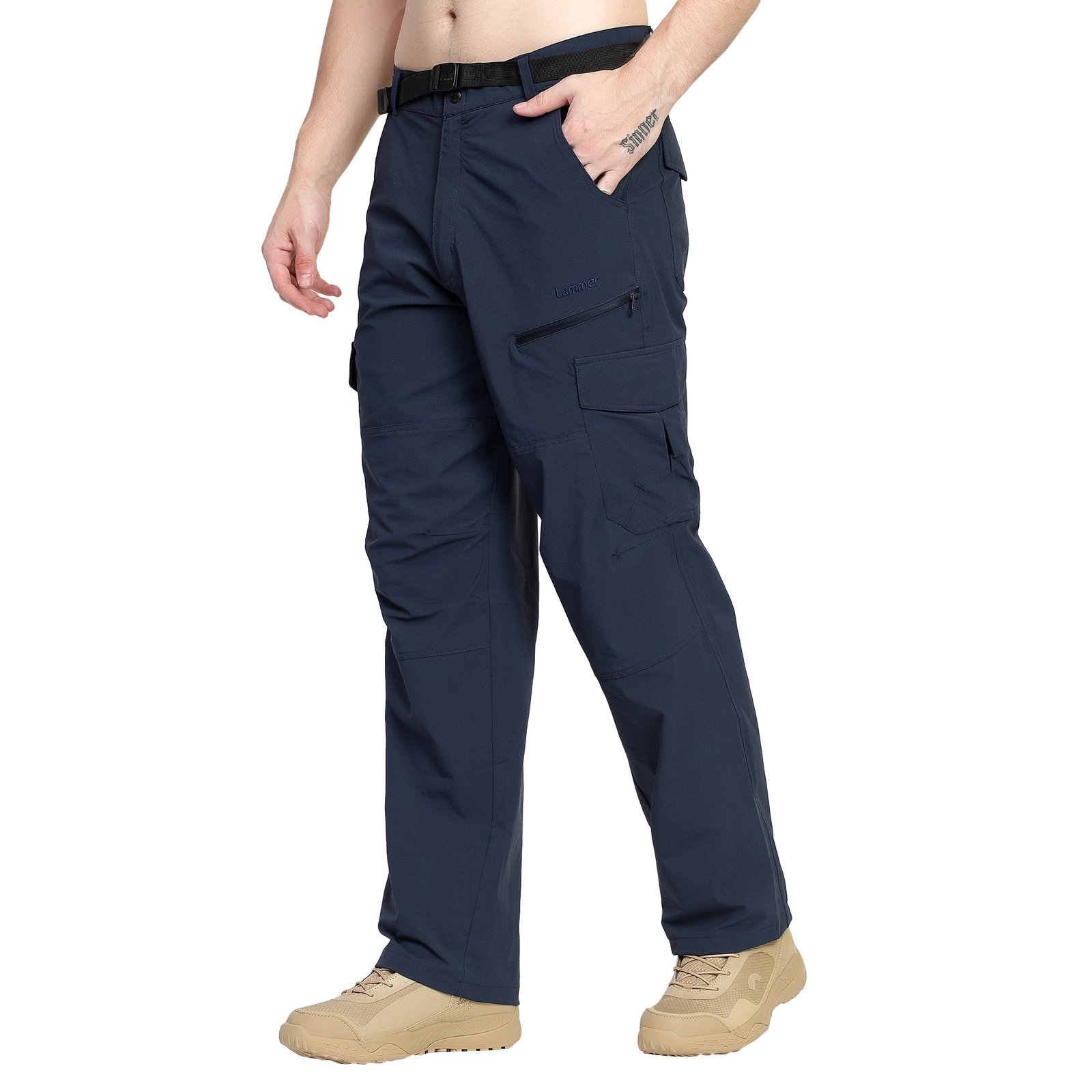 Lammer men's tactical stretch pants in nylon-blend fabric with included utility belt, featuring front pockets, back cargo pockets, a side cargo pocket above the knee, and a hidden zip pocket between side and front pocket. Ideal for trekking, travel, and outdoor use