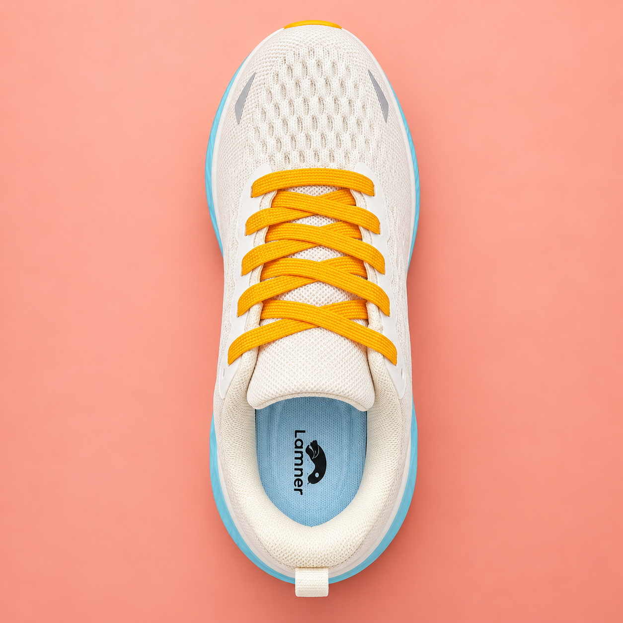 Lammer A002 Sky Blue Top view of Lammer A002 women's running shoe showing laces and insole logo