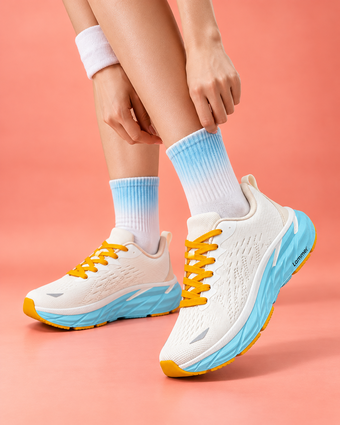 Lammer A002 Sky Blue Woman wearing Lammer A002 white and sky blue running shoes with mustard yellow laces, adjusting her sock against a coral-peach background